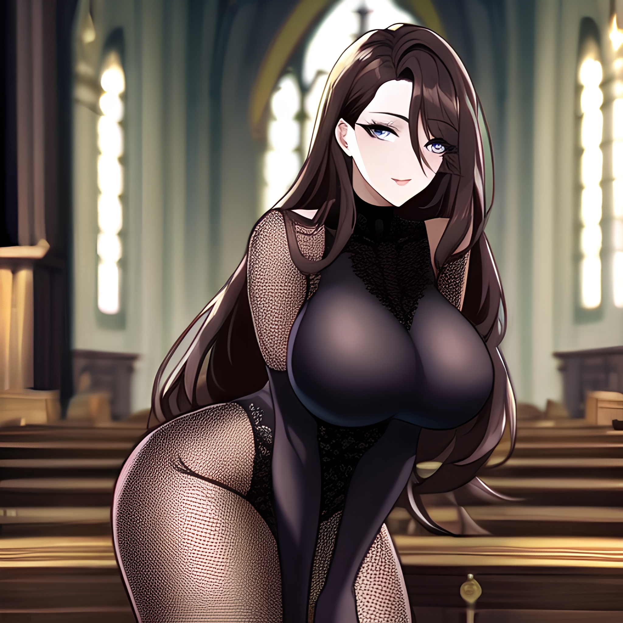 brunette long hair messy hair fishnet church woman