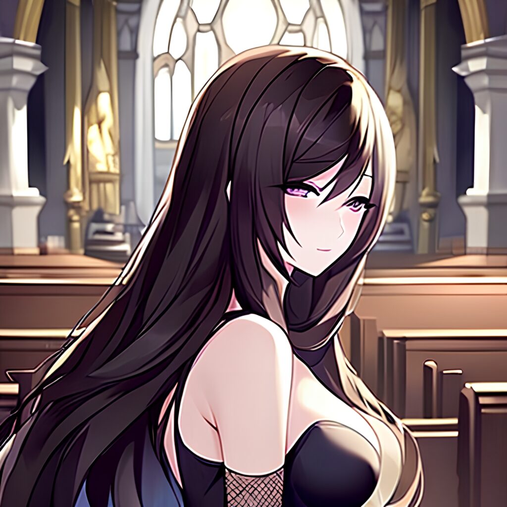 brunette long hair messy hair fishnet church woman 