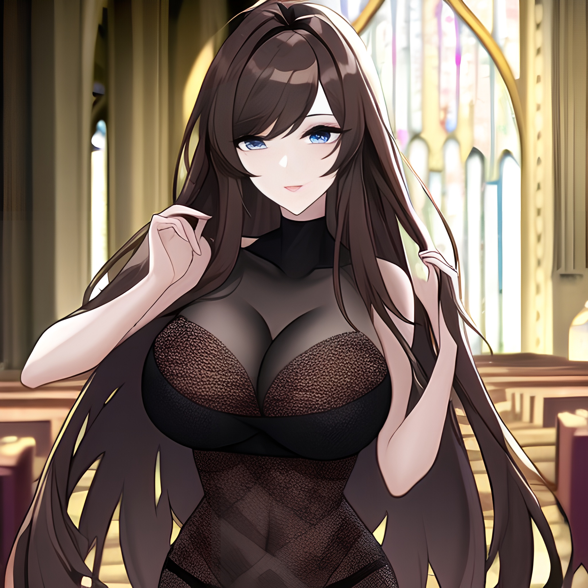 brunette long hair messy hair fishnet woman church 