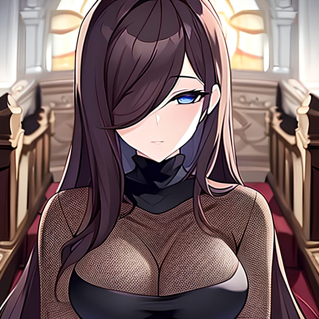 brunette long hair messy hair fishnet woman church 