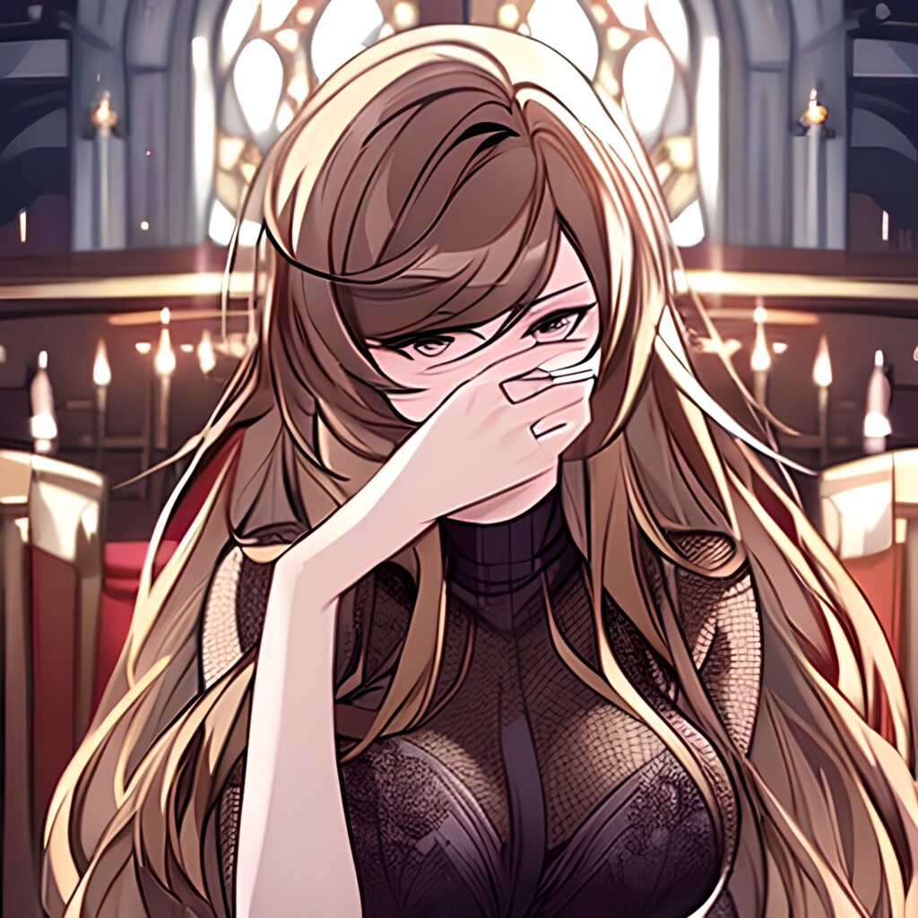 brunette long hair messy hair fishnet woman church 