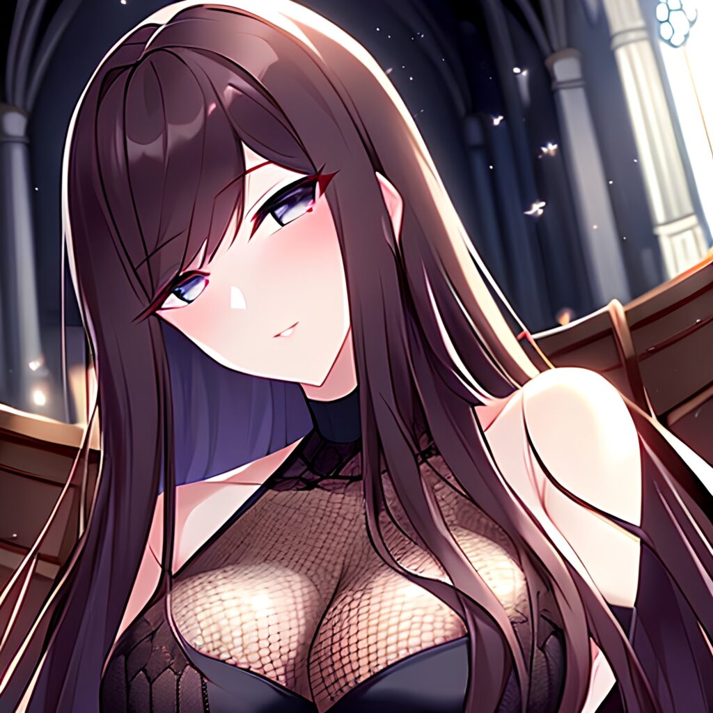 brunette long hair messy hair woman church fishnet 