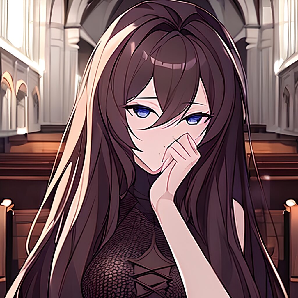 brunette long hair messy hair woman church fishnet 