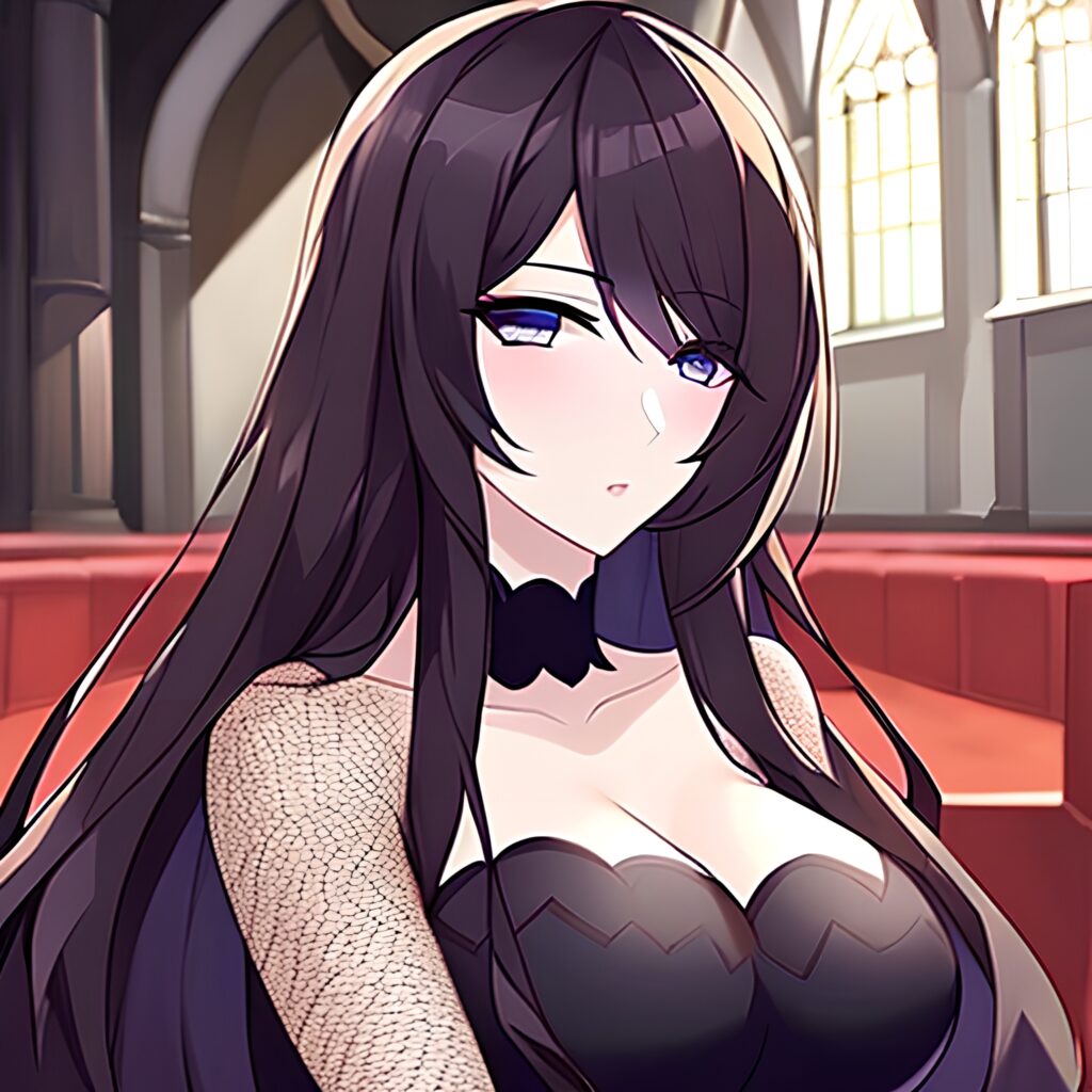 brunette long hair messy hair woman church fishnet 