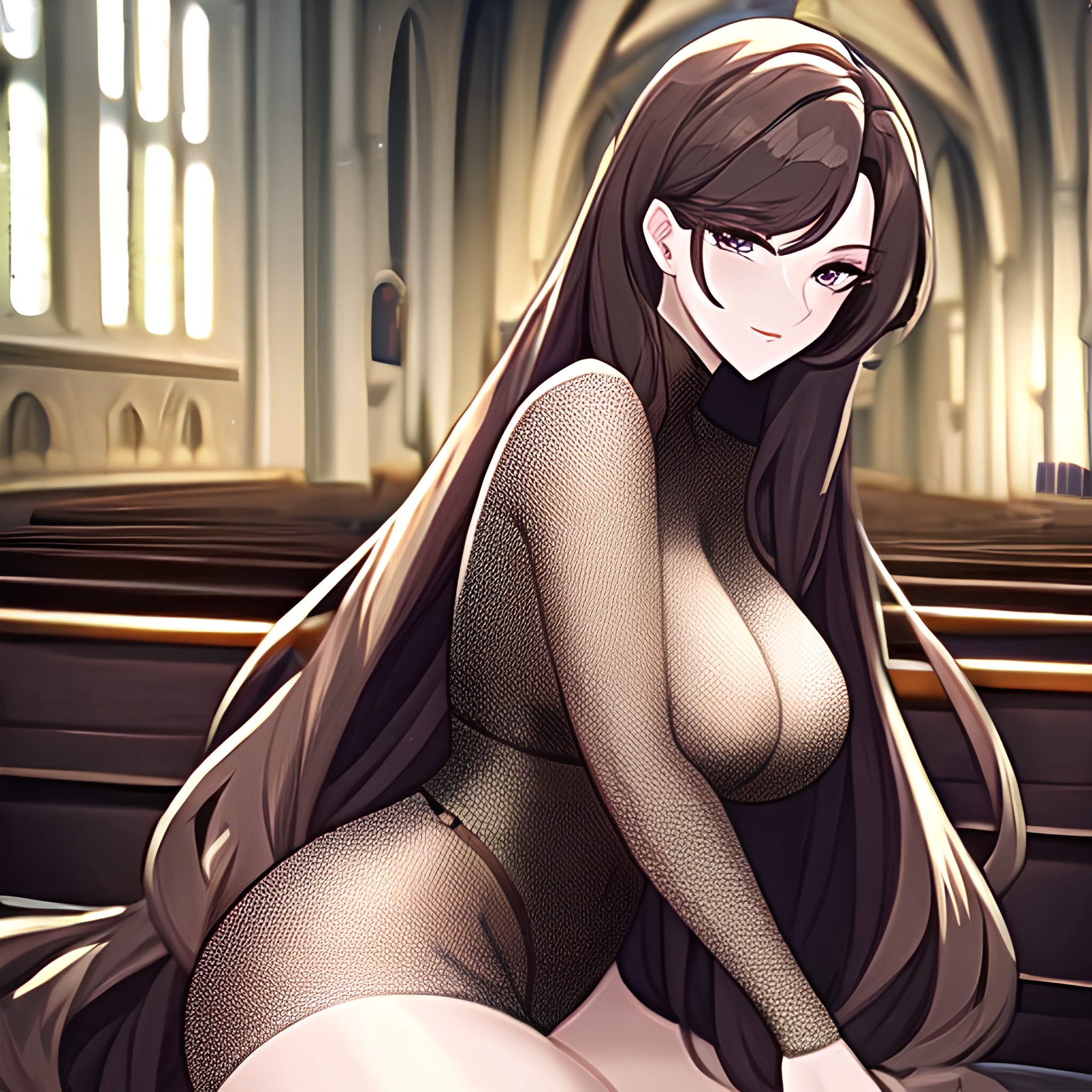 brunette long hair messy hair woman church fishnet 