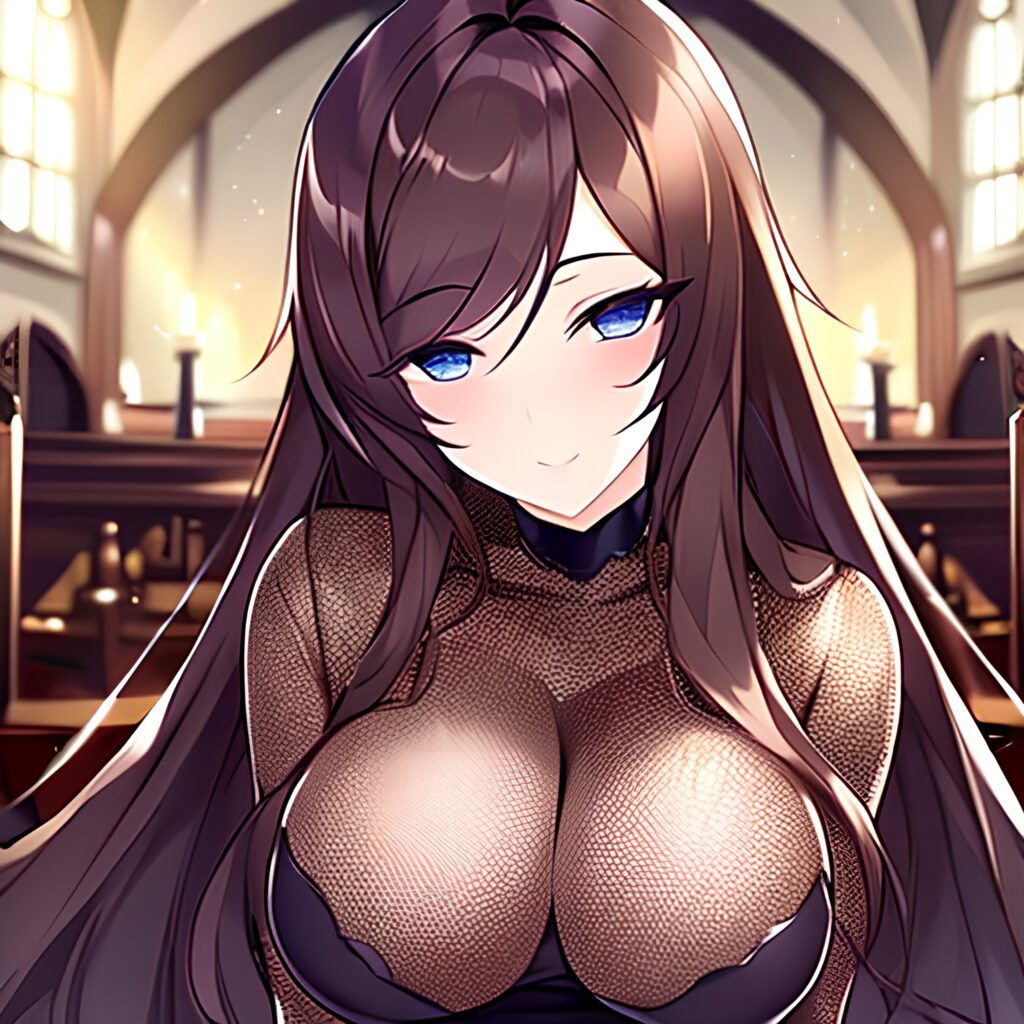 brunette long hair messy hair woman church fishnet 