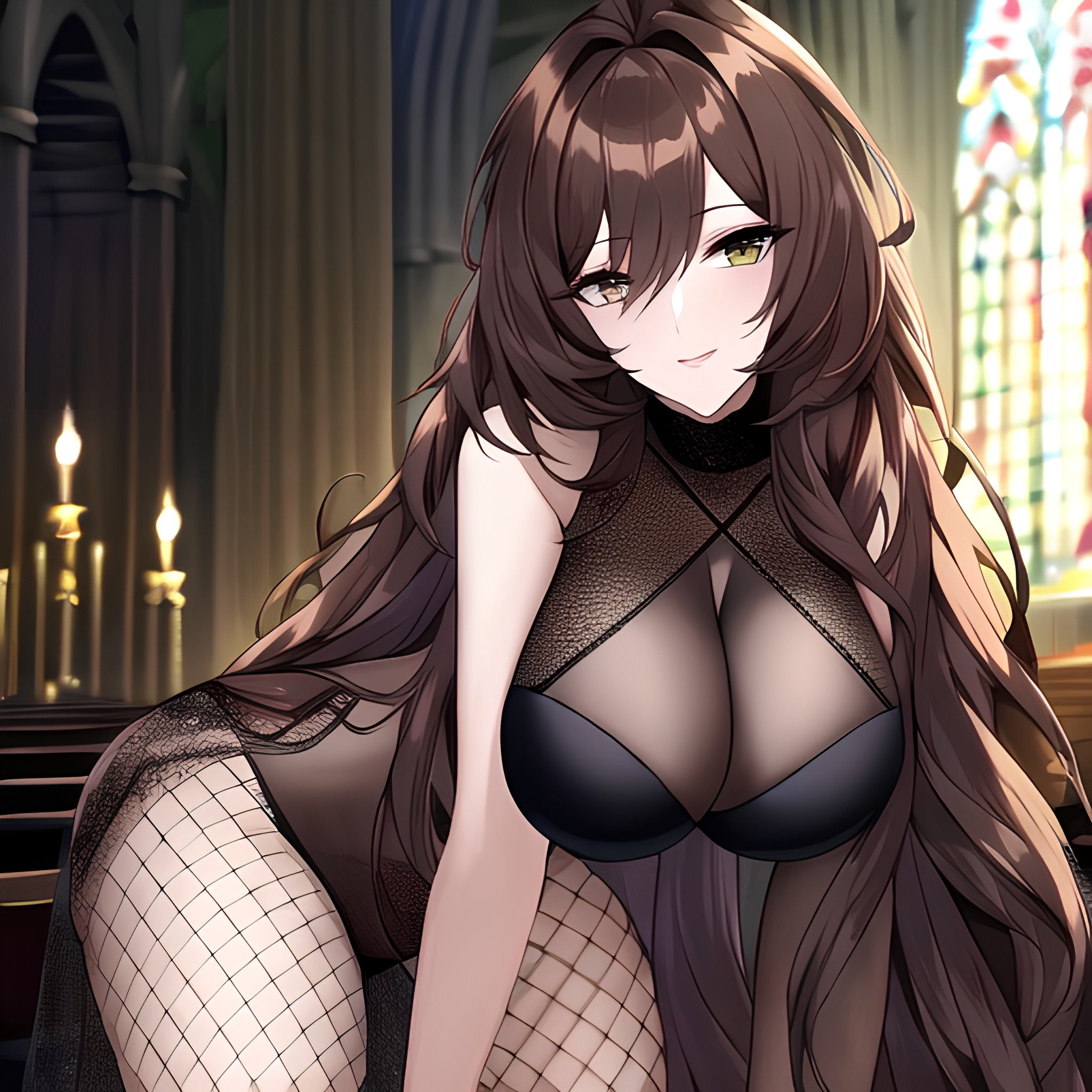 brunette long hair messy hair woman church fishnet 