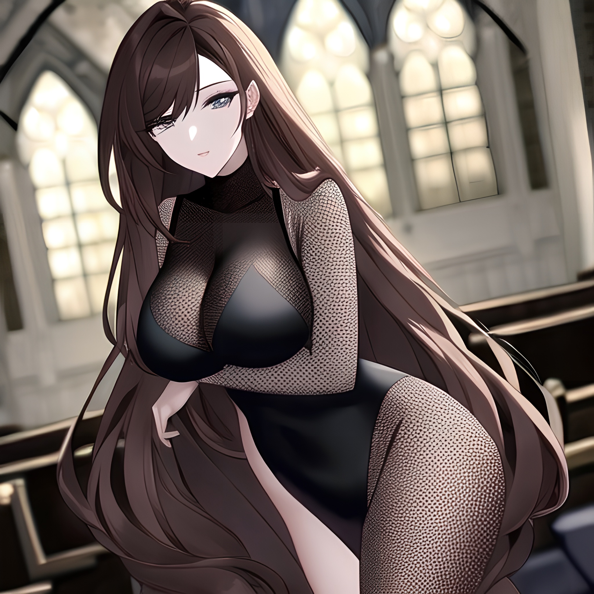 brunette long hair messy hair woman church fishnet 