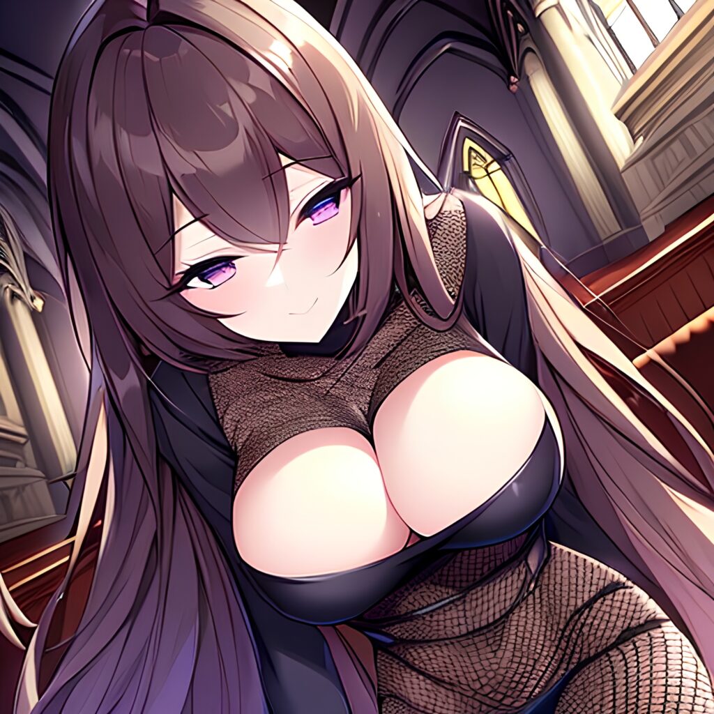 brunette long hair messy hair woman church fishnet 
