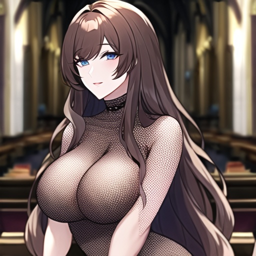 brunette long hair messy hair woman church fishnet 