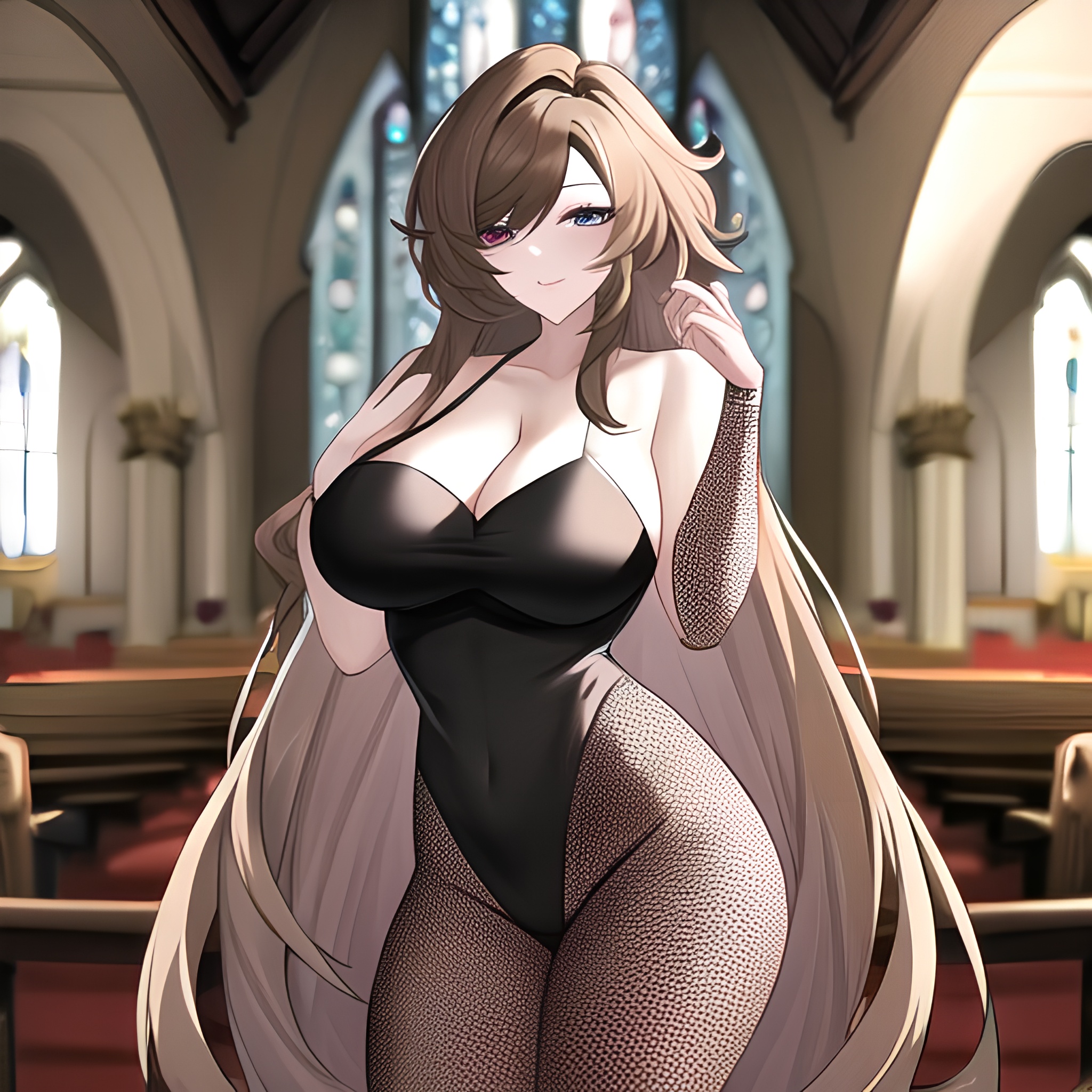 brunette long hair messy hair woman church fishnet 