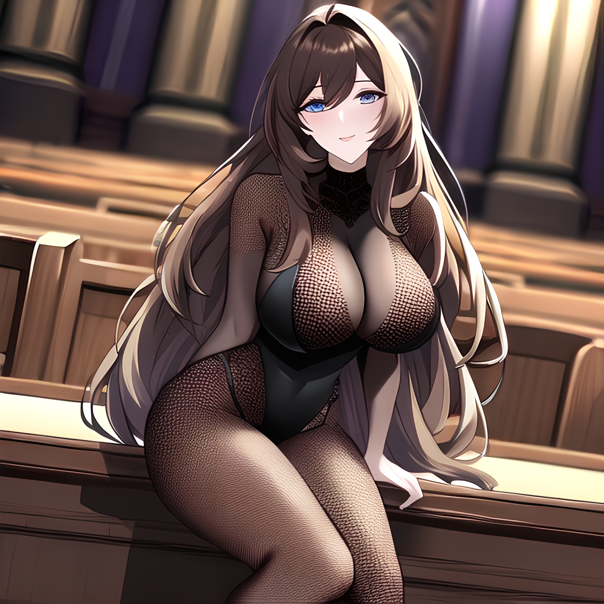 brunette long hair messy hair woman fishnet church 