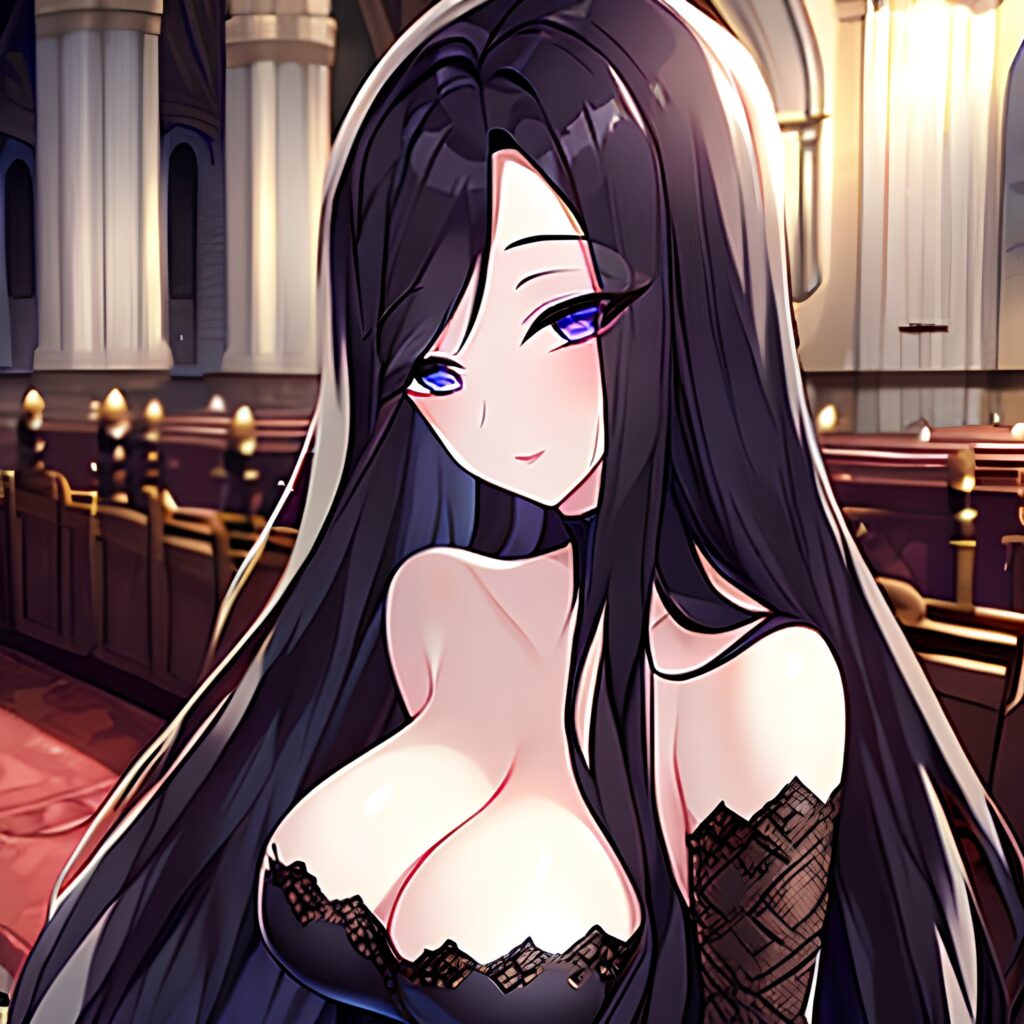 brunette long hair messy hair woman fishnet church 