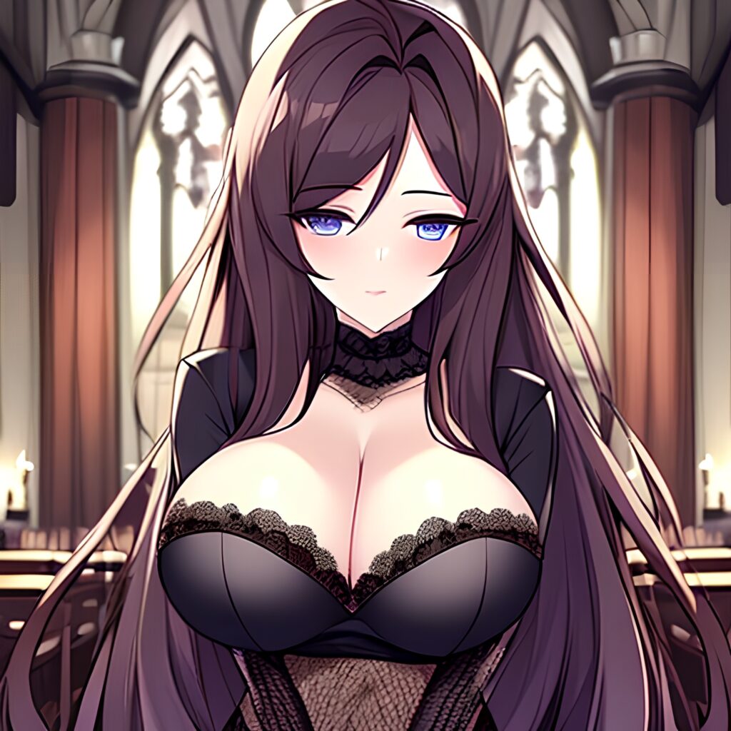 brunette long hair messy hair woman fishnet church 