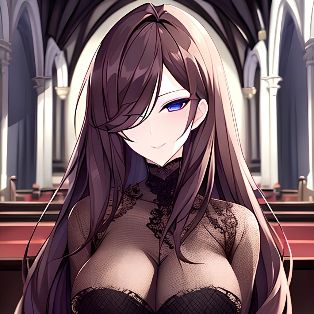 brunette long hair messy hair woman fishnet church 