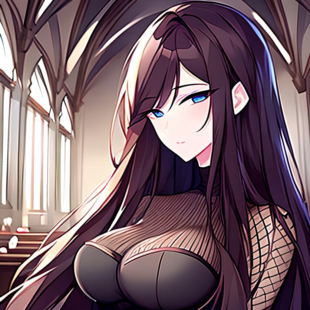 brunette long hair woman church fishnet messy hair 