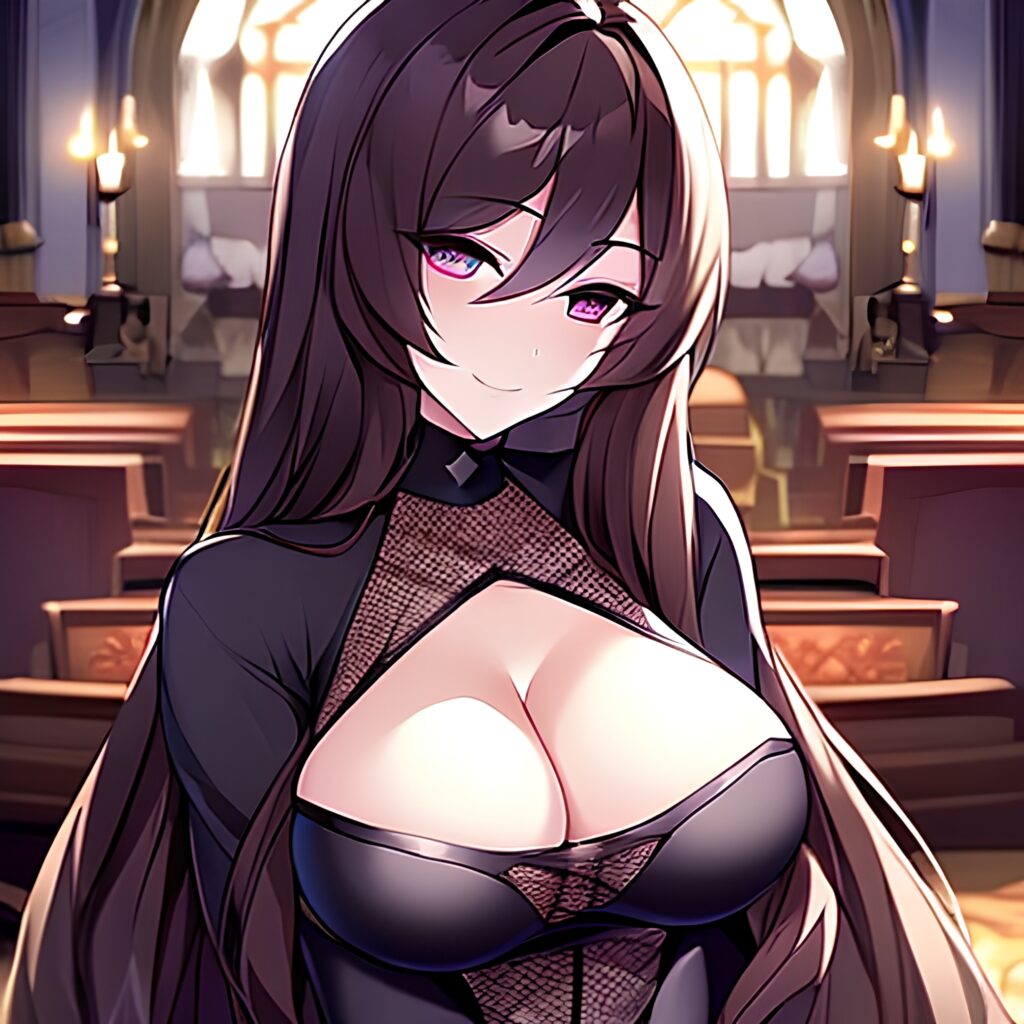 brunette long hair woman church fishnet messy hair 