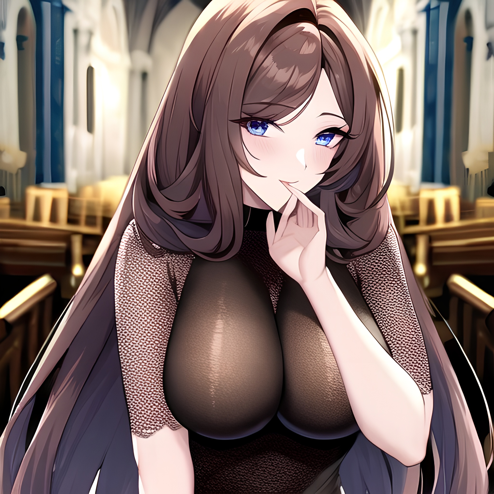 brunette long hair woman church messy hair fishnet 