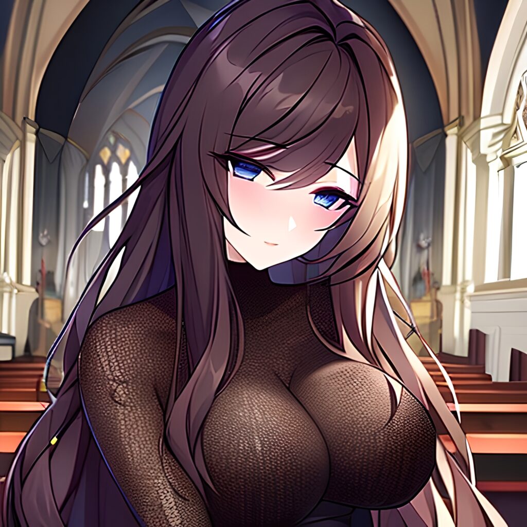 brunette long hair woman church messy hair fishnet 