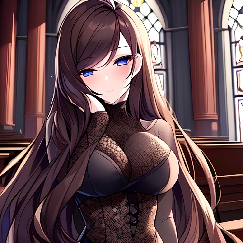 brunette long hair woman fishnet church messy hair 