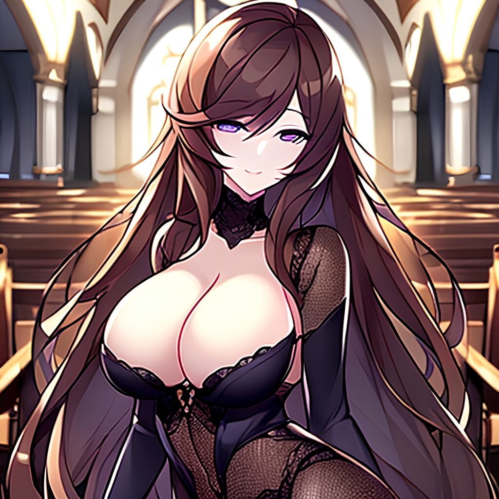 brunette long hair woman fishnet church messy hair 