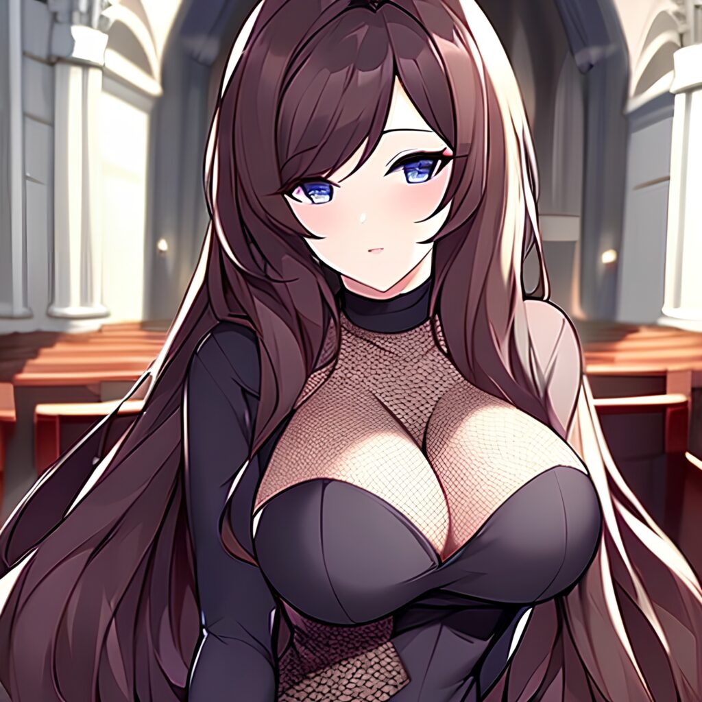 brunette long hair woman fishnet messy hair church 