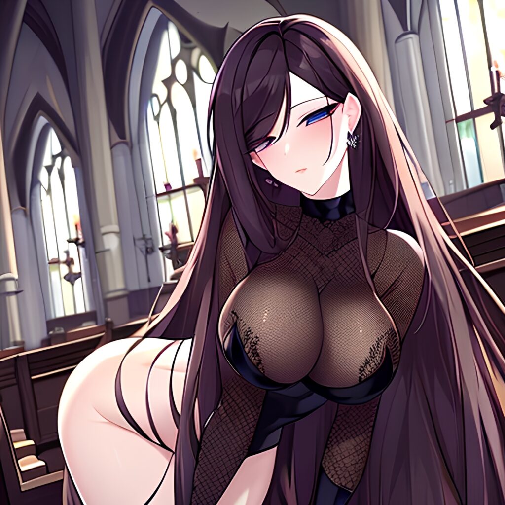 brunette long hair woman fishnet messy hair church 