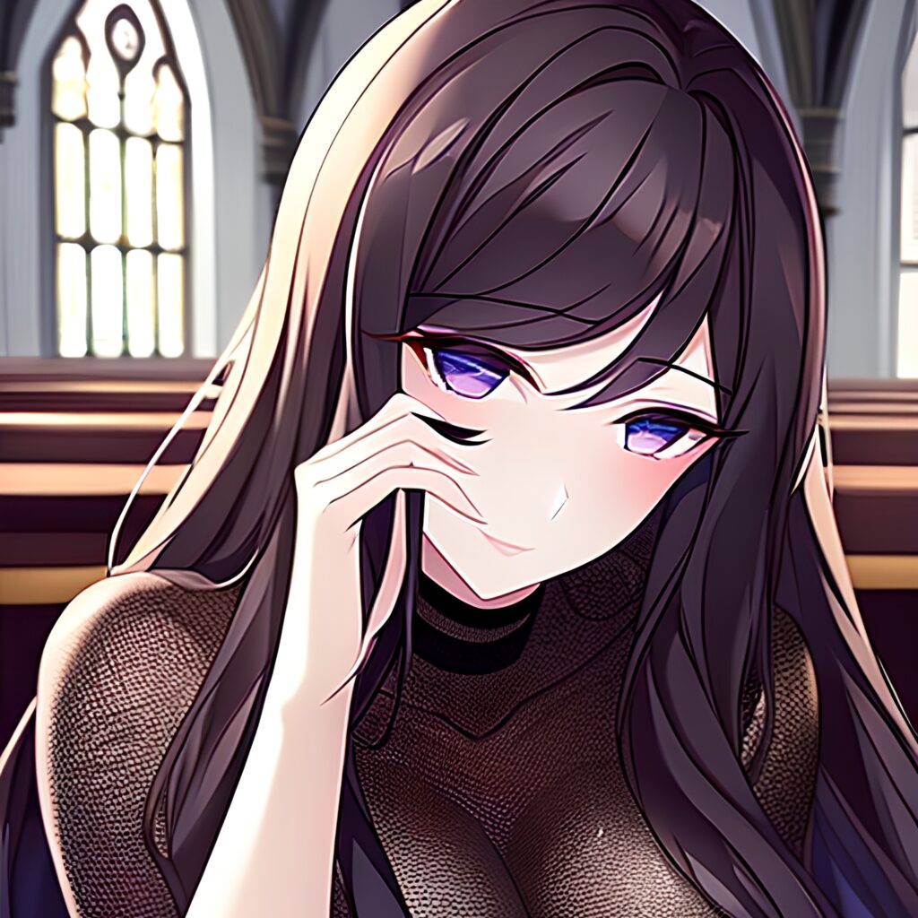 brunette long hair woman fishnet messy hair church 