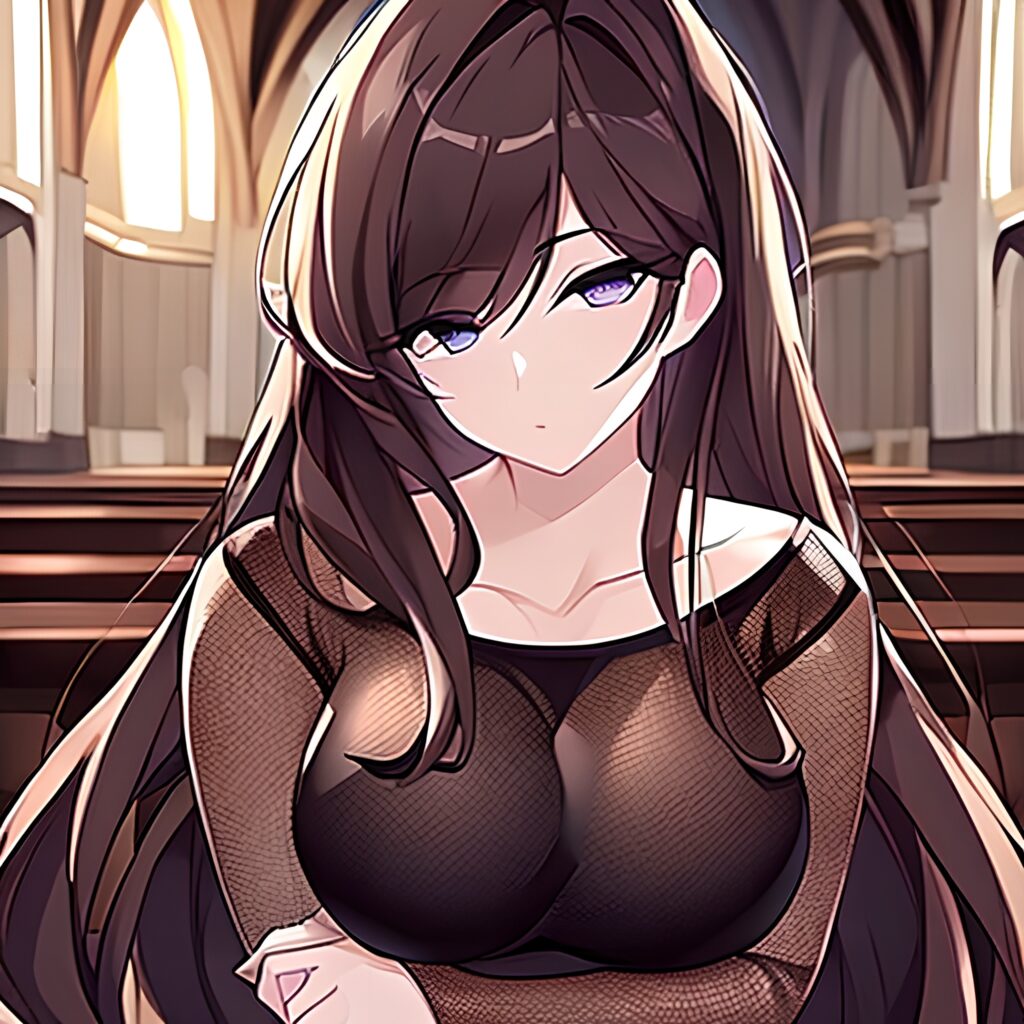 brunette long hair woman fishnet messy hair church 