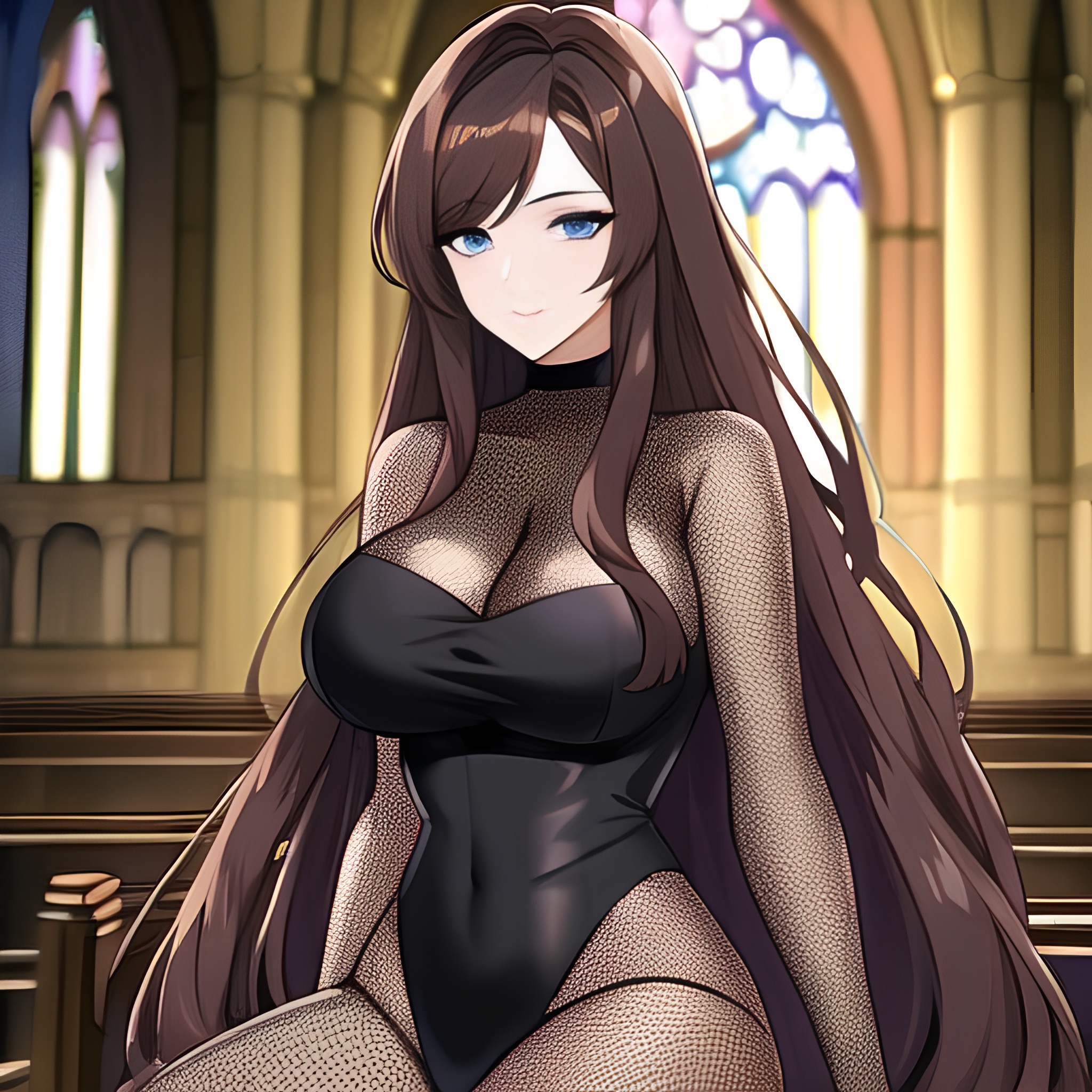 brunette long hair woman fishnet messy hair church 