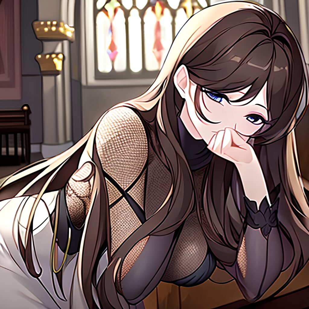 brunette long hair woman fishnet messy hair church 