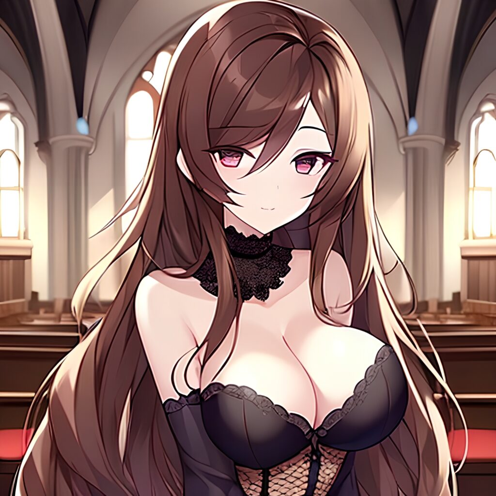 brunette long hair woman messy hair church fishnet 