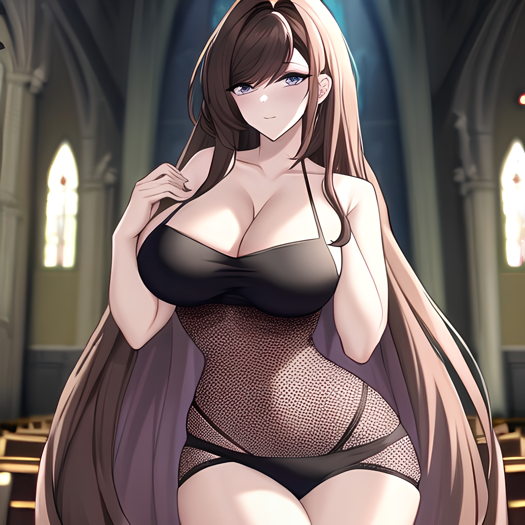 brunette long hair woman messy hair church fishnet 