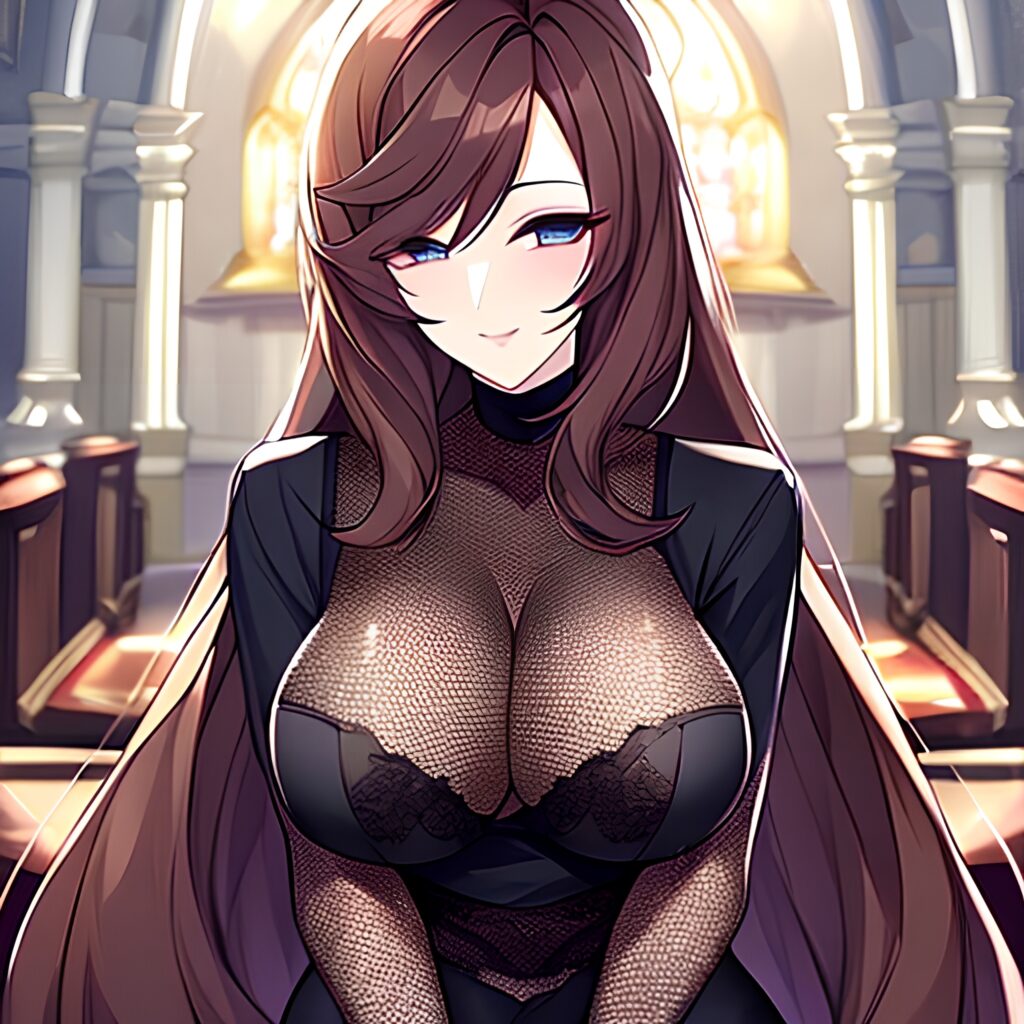 brunette long hair woman messy hair church fishnet 