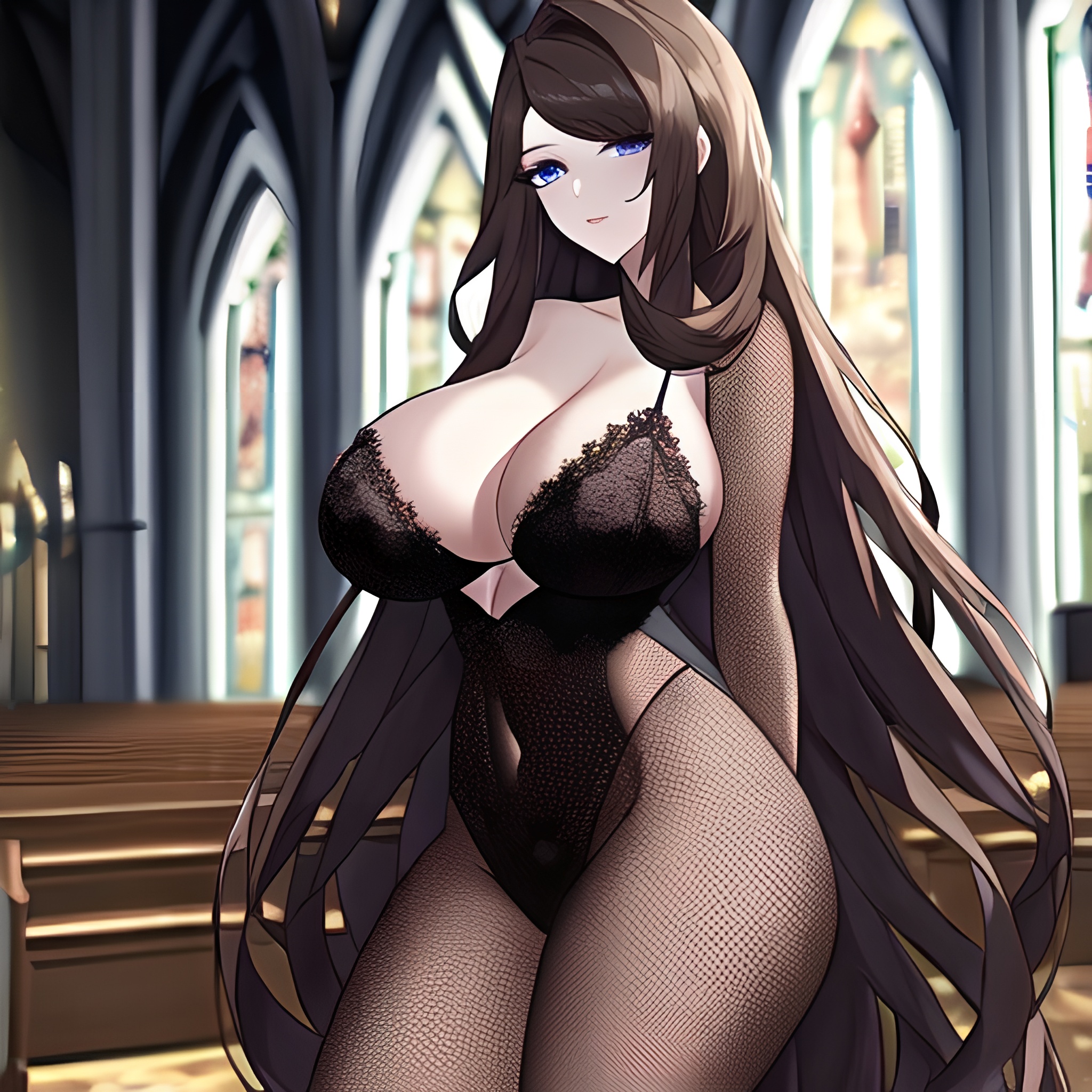 brunette long hair woman messy hair church fishnet 