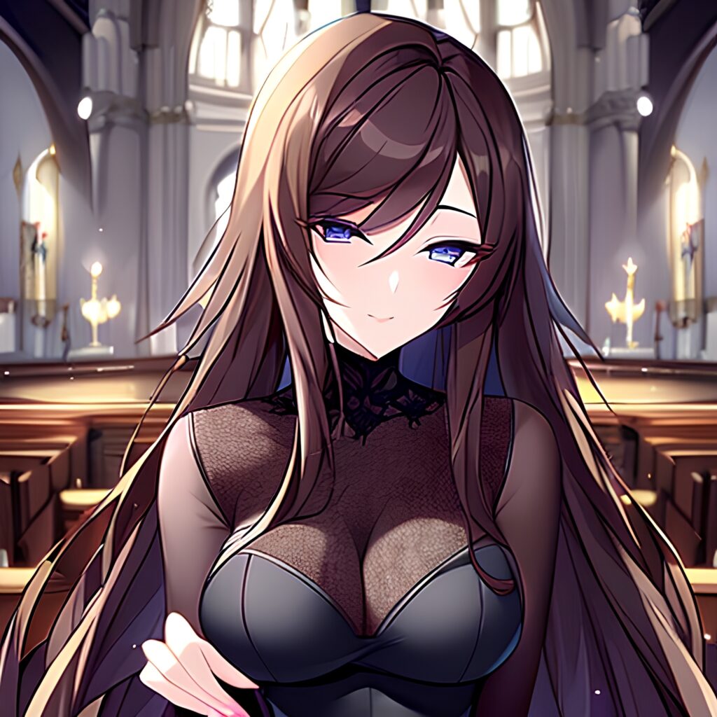 brunette long hair woman messy hair fishnet church 