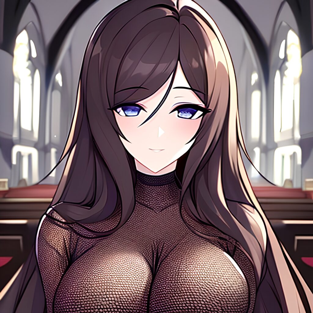 brunette long hair woman messy hair fishnet church 