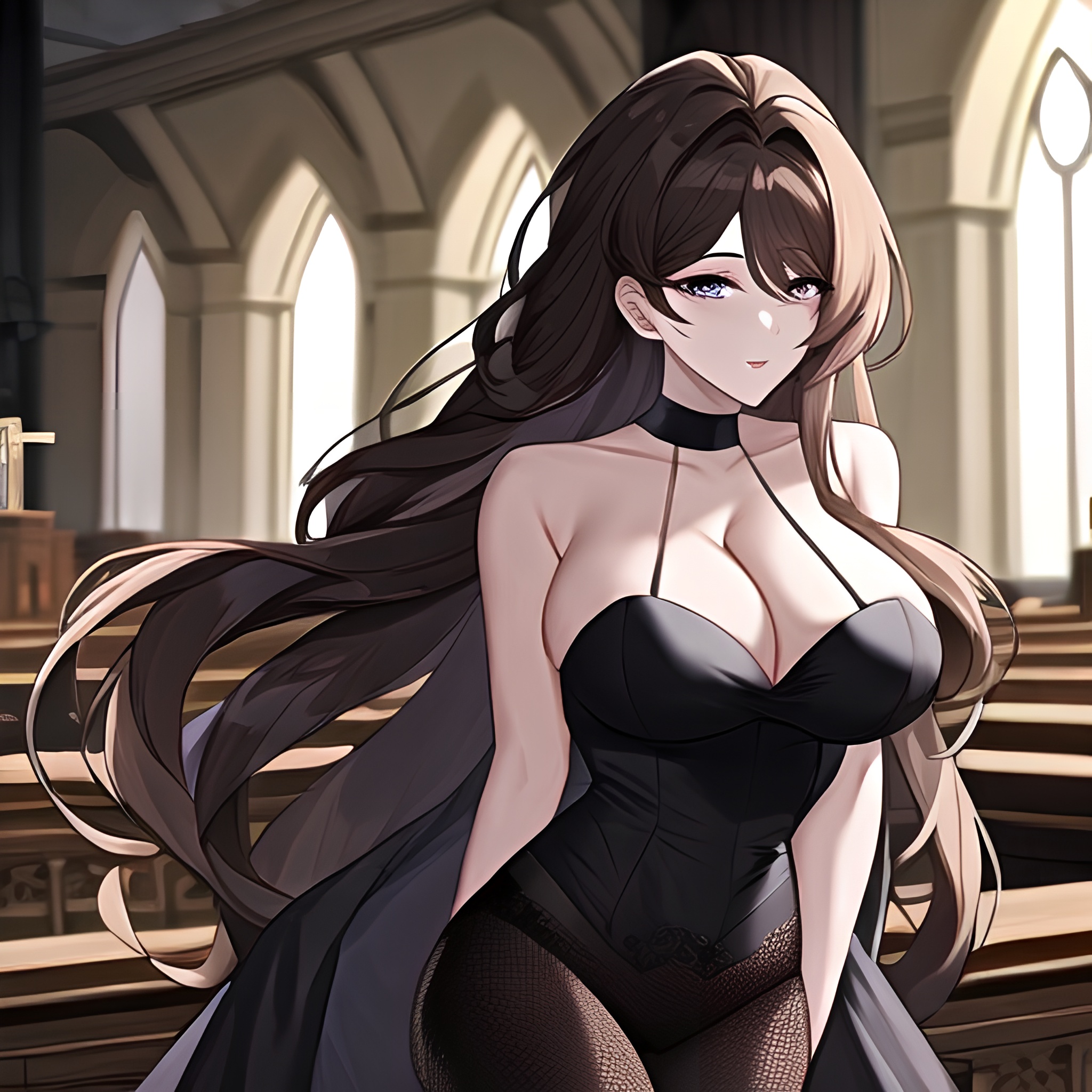 brunette long hair woman messy hair fishnet church 