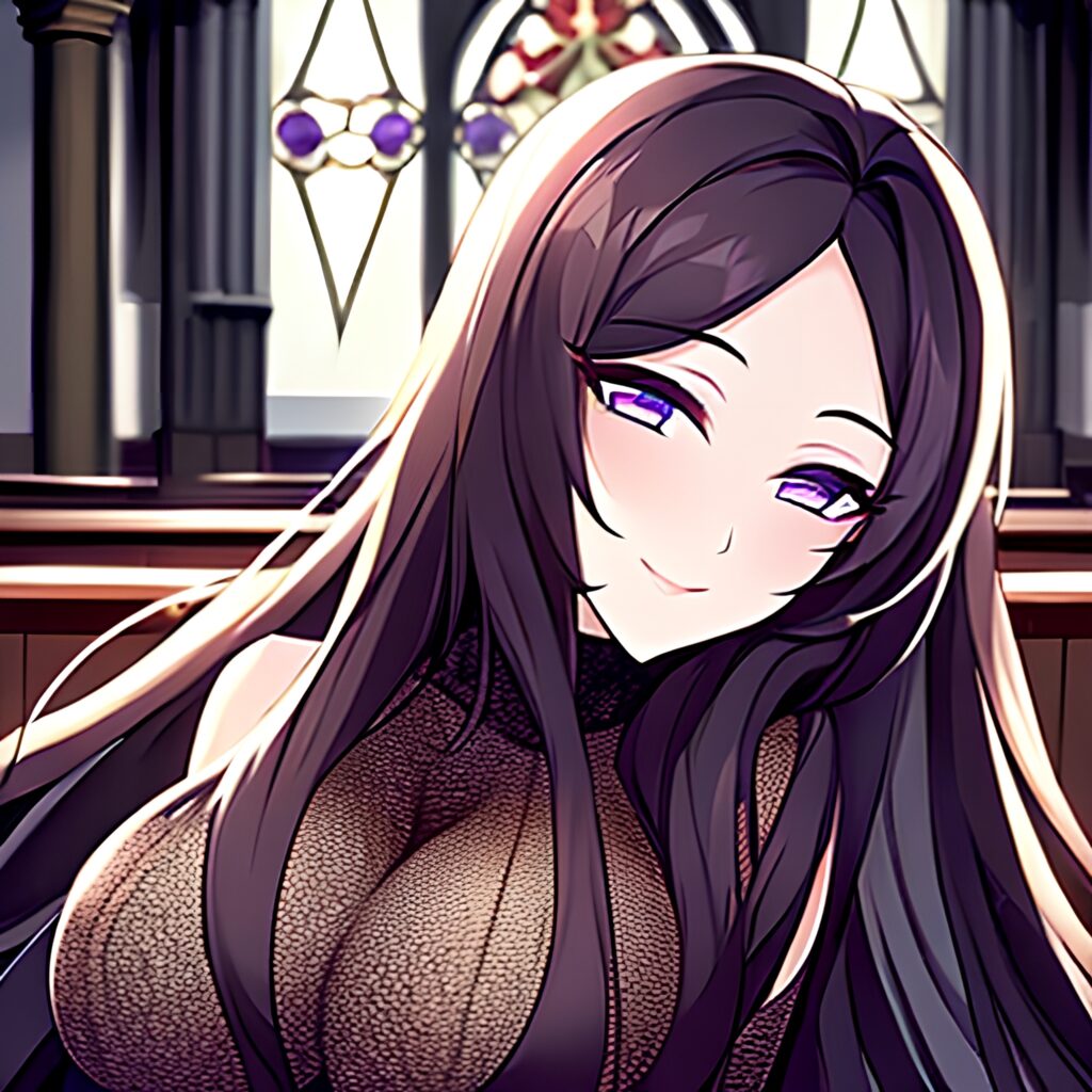 brunette long hair woman messy hair fishnet church 