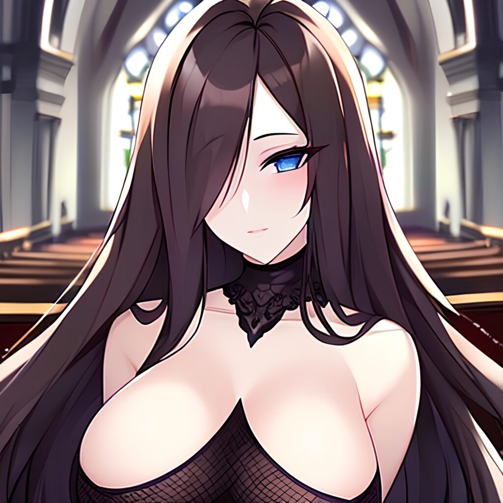 brunette messy hair church long hair fishnet woman 