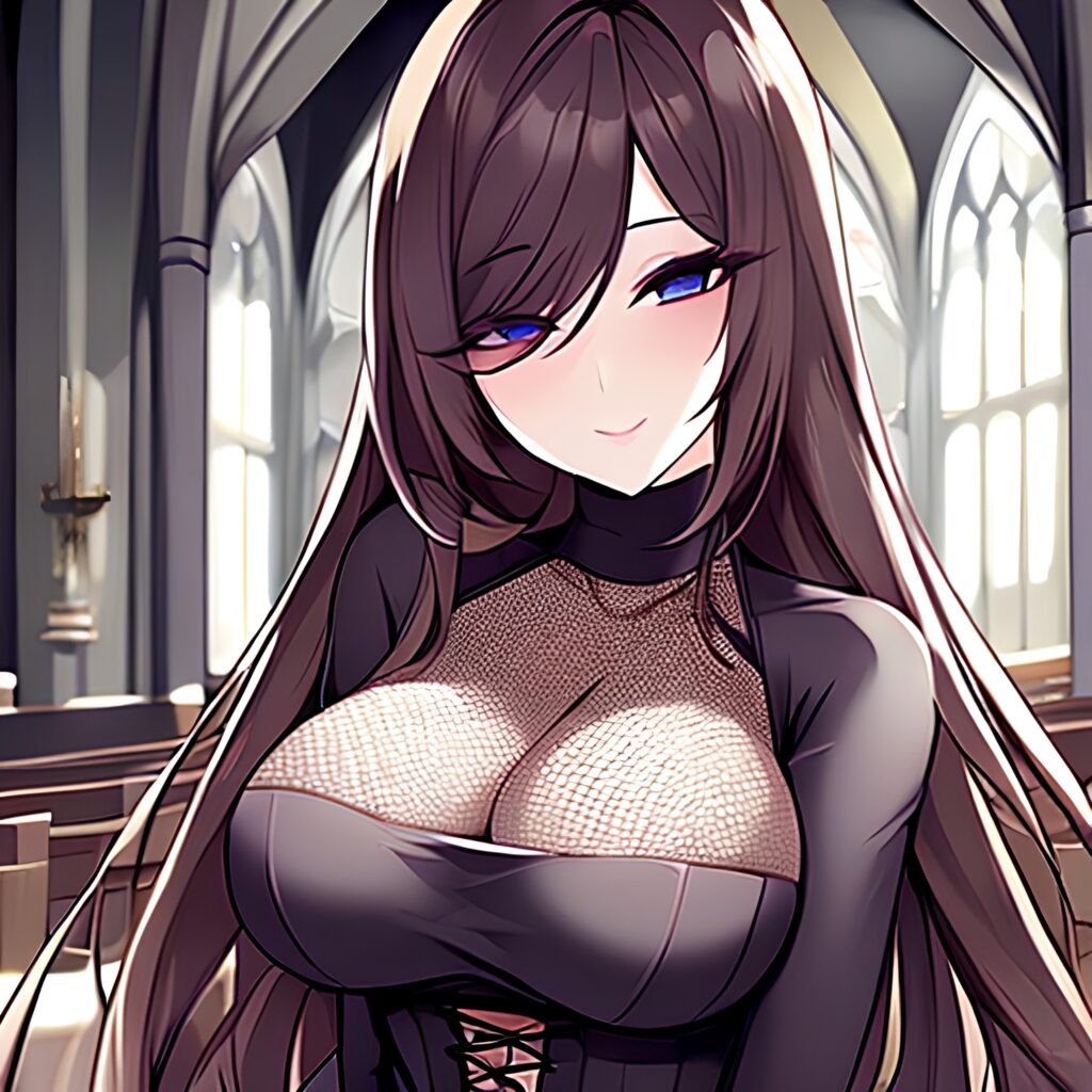 brunette messy hair church long hair fishnet woman 