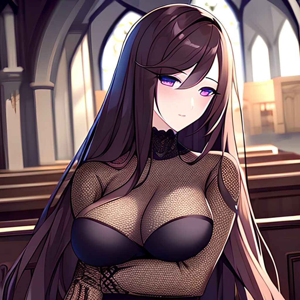 brunette messy hair church long hair fishnet woman 