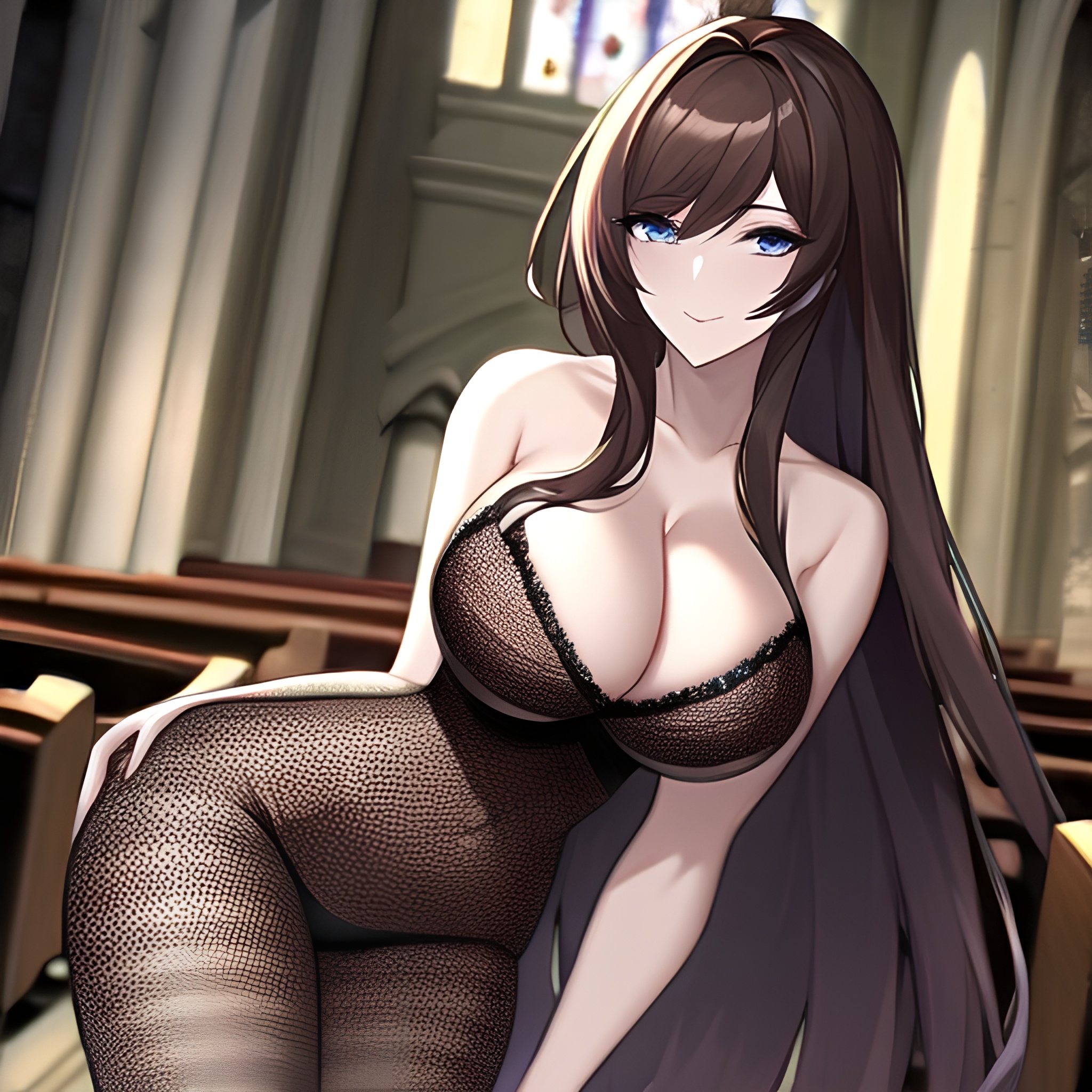 brunette messy hair church long hair fishnet woman