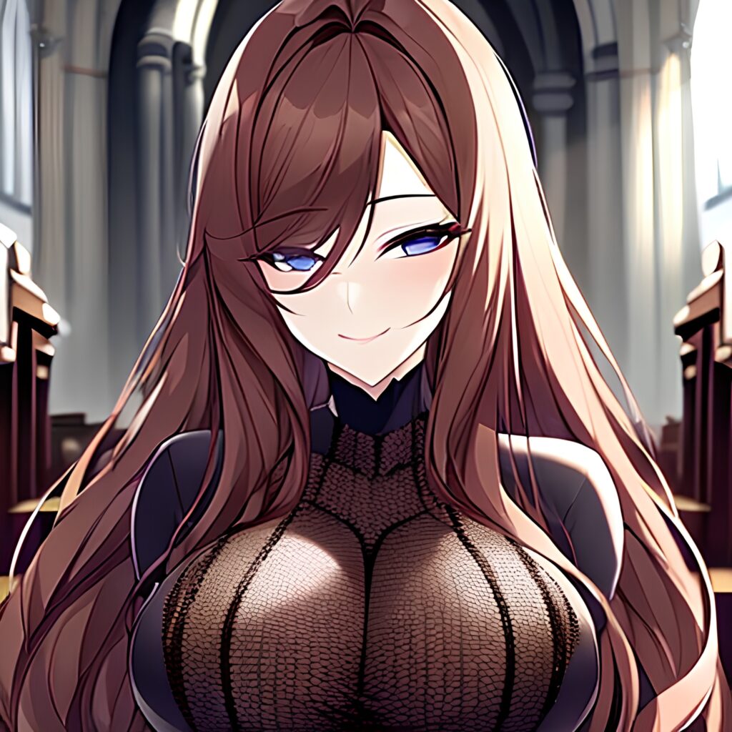 brunette messy hair church long hair woman fishnet 