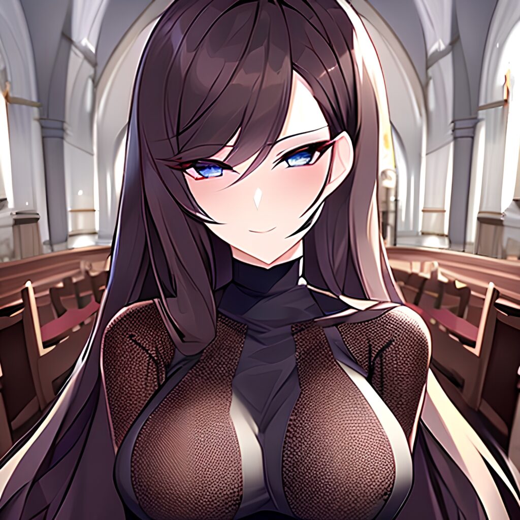 brunette messy hair church long hair woman fishnet 