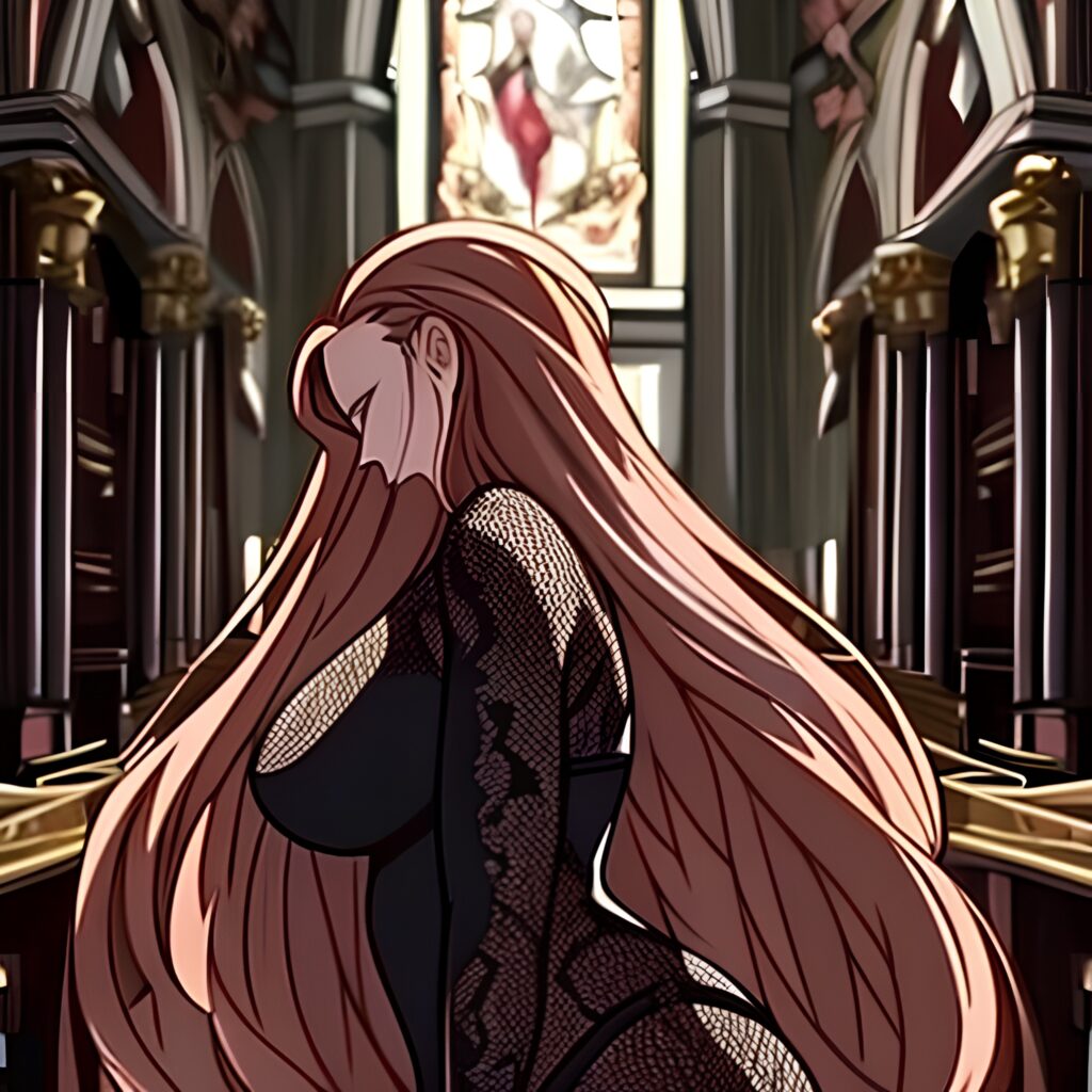 brunette messy hair church long hair woman fishnet 