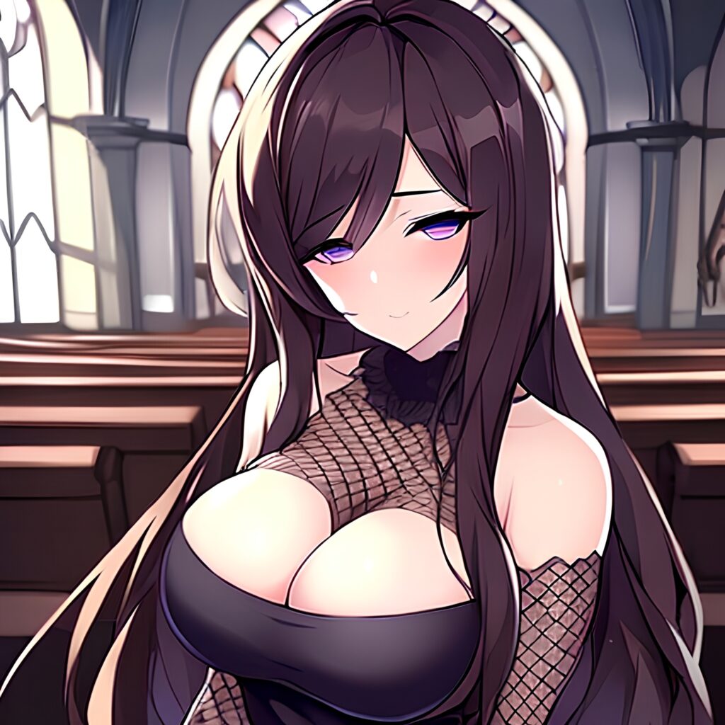 brunette messy hair church long hair woman fishnet 