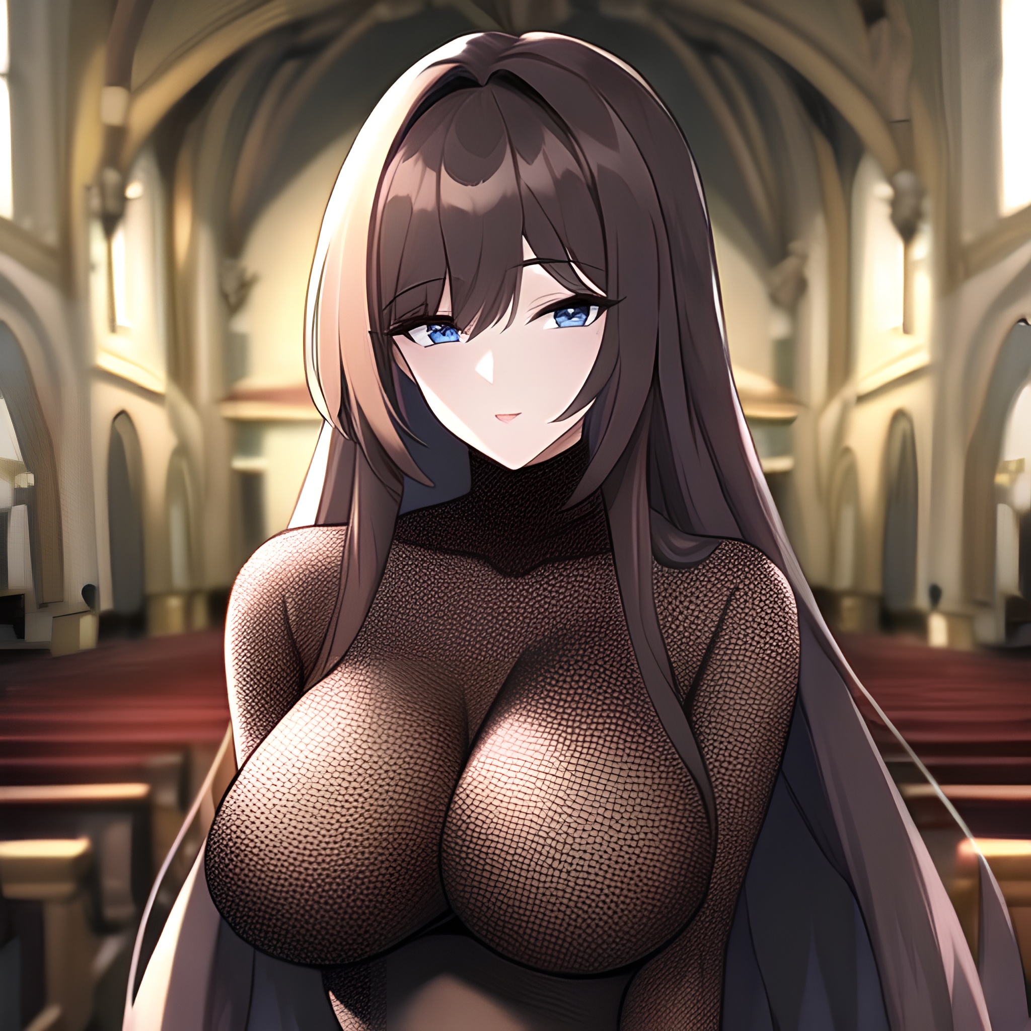 brunette messy hair church woman fishnet long hair 