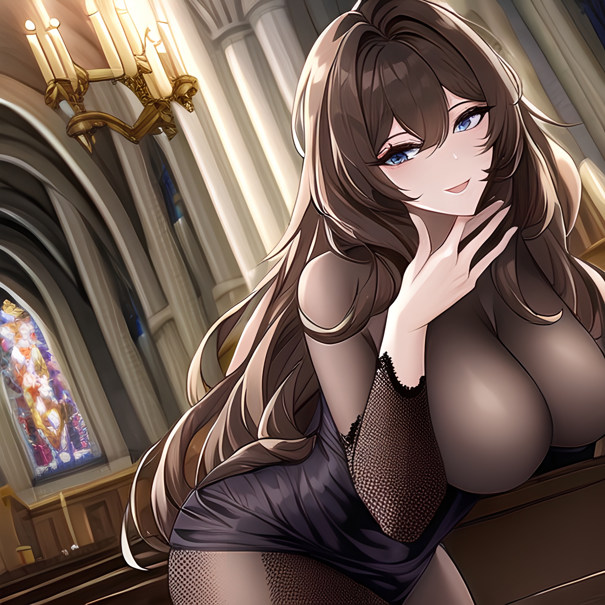 brunette messy hair church woman fishnet long hair