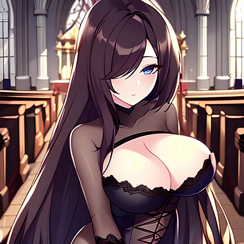 brunette messy hair church woman fishnet long hair 